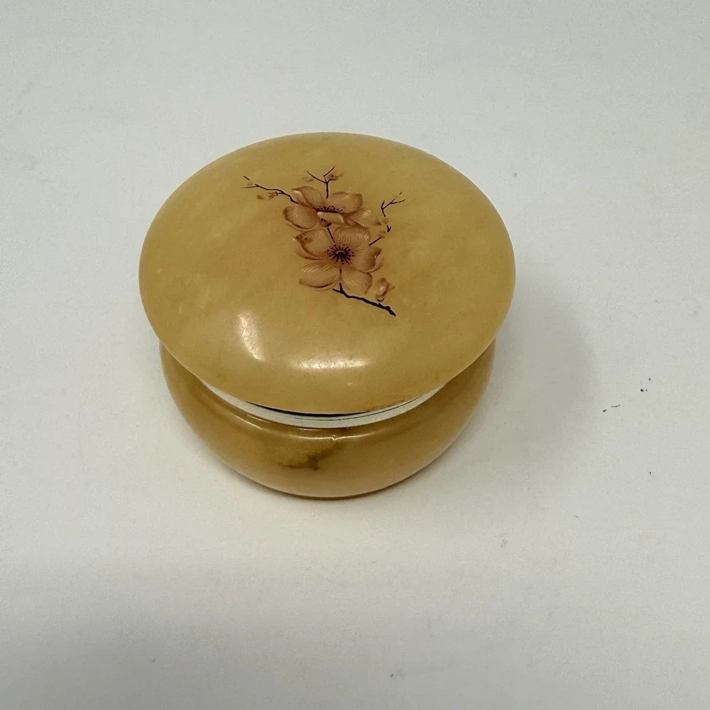 Vintage Yellow Alabaster Trinket Box Floral Hinged Jewelry Box 1.75